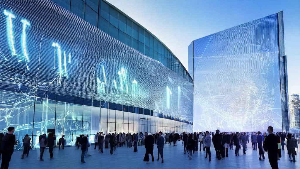 In a futuristic city in 2025, a tech company showcases its AI customer prediction model and the LongCat-Video video generation model