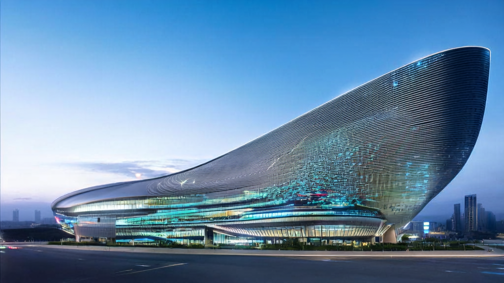 未来城市的高科技数据中心,展示AI客户预测模型和个性化营销的应用场景