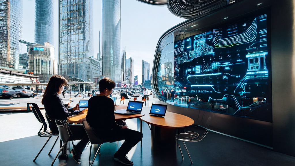 Programmers discussing AI client data collection and cleaning services in a coffee shop in a futuristic city