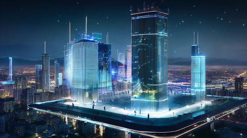 A futuristic city scene with AI customer data collection, featuring tall buildings and a data analyst analyzing complex charts.