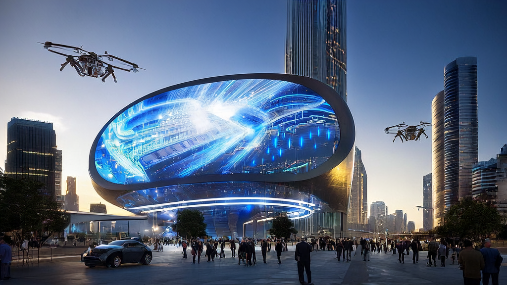 Entrepreneurs in a futuristic city learning about Trump's new AI initiative and its business opportunities