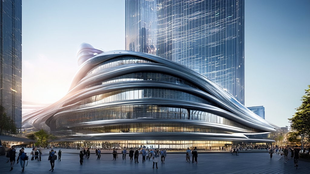 未来城市的独立站办公楼，展示AI技术带来的高效获客新趋势