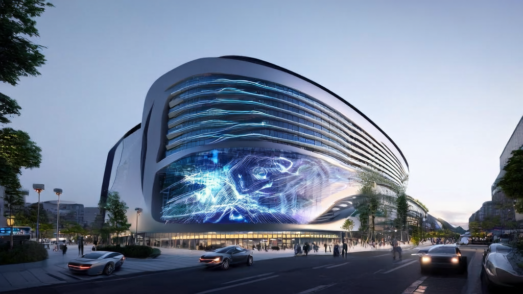 未来城市中的AI驱动获客场景，高科技大厦、无人驾驶车辆和数据科学家的工作画面