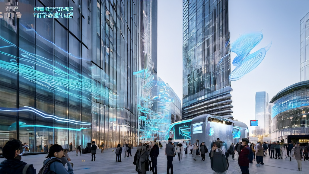 未来城市中展示2025年AI驱动的客户获取解决方案，强调科技与商业的融合。