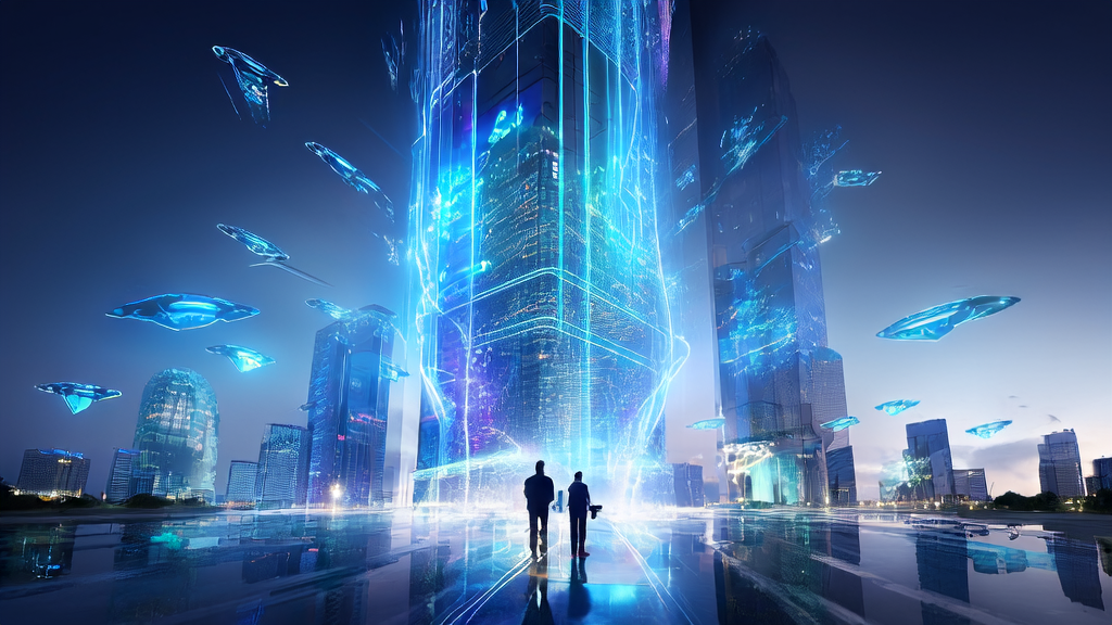 未来城市的独立站大楼,创业者与AI助手互动,展示AI驱动的商业世界