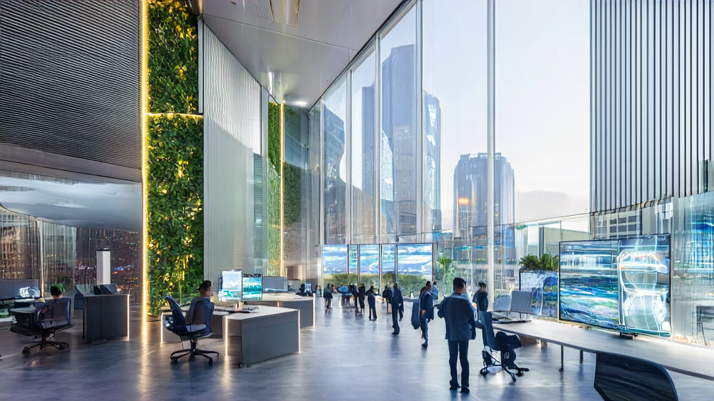 AI-driven client acquisition solutions in a futuristic city, showcasing the use of the Pokee AI platform in a modern office environment.