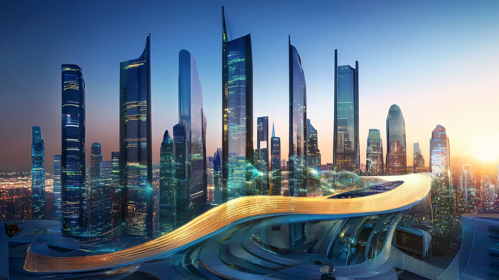 未来城市的高科技办公楼内,跨境电商团队利用AI技术进行关键词优化和数据分析