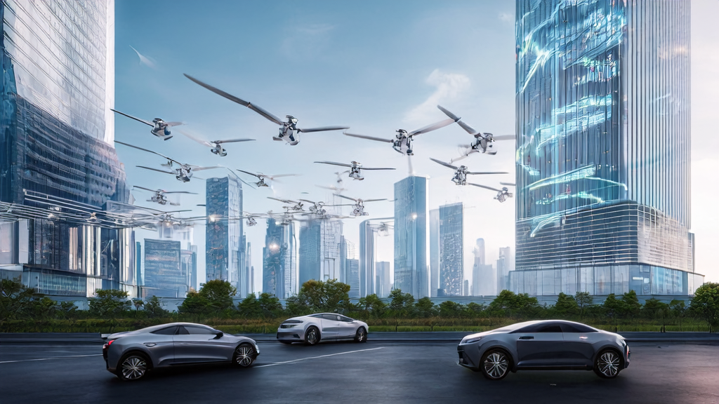 A futuristic city scene showcasing AI-driven cross-border e-commerce with self-driving cars and AI robots providing personalized services