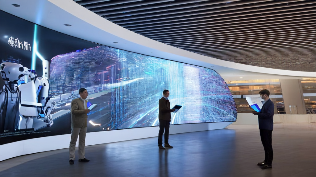 A modern office building in a futuristic city showcasing Panasonic's "OmniFlow" multi-modal AI technology in action