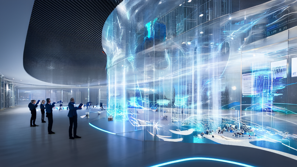 未来城市的高科技公司内，工程师与拟人化四足机器人互动，展示AI驱动的客户获取解决方案。