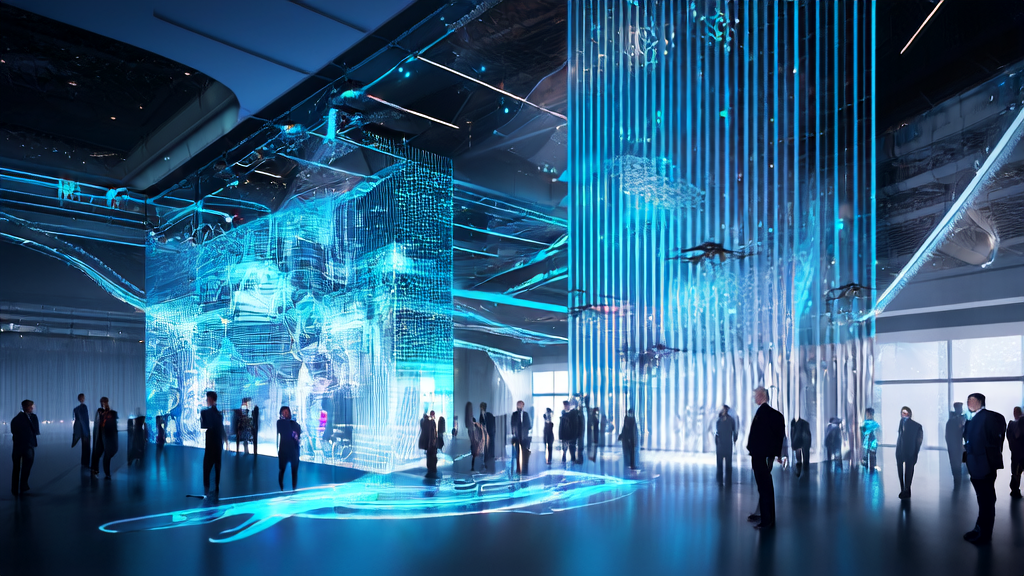 In a futuristic city, an entrepreneur uses AI technology for efficient customer acquisition, showcasing the new trends of the 2025 AI-driven business revolution.