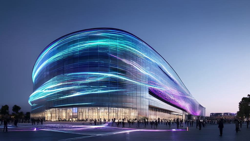 未来城市的高科技大厦展示AI驱动客户获取解决方案