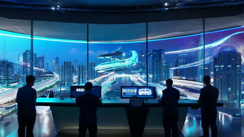 Modern office in a futuristic city showcasing AI-driven customer acquisition solutions with Musk's new AI model Grok4