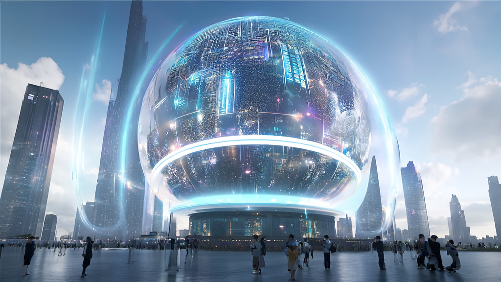 A futuristic city scene showcasing AI-driven e-commerce with an AI lead generator and user interactions