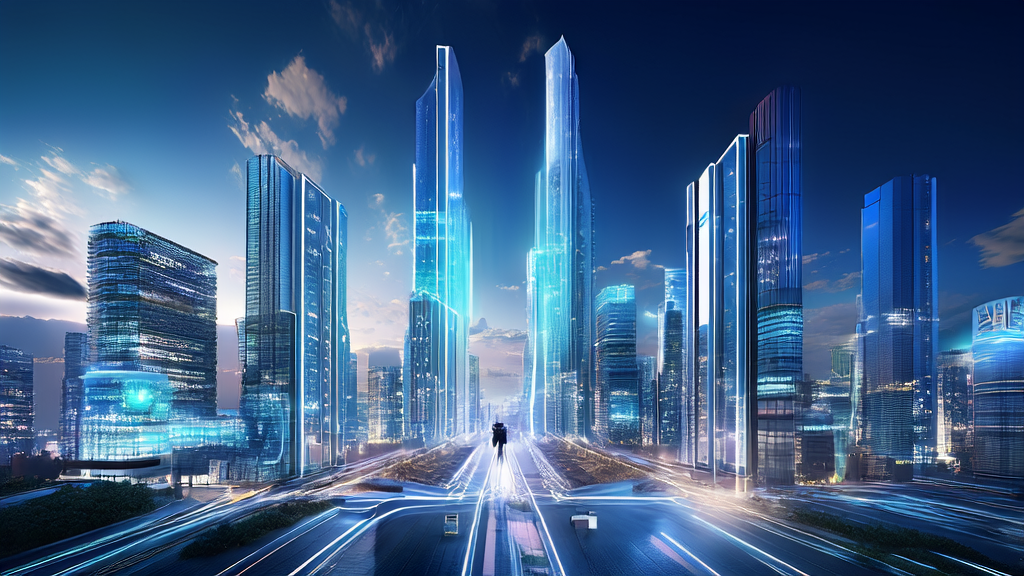 A futuristic city in 2025 featuring an independent site skyscraper showcasing AI technology for customer acquisition and traffic growth