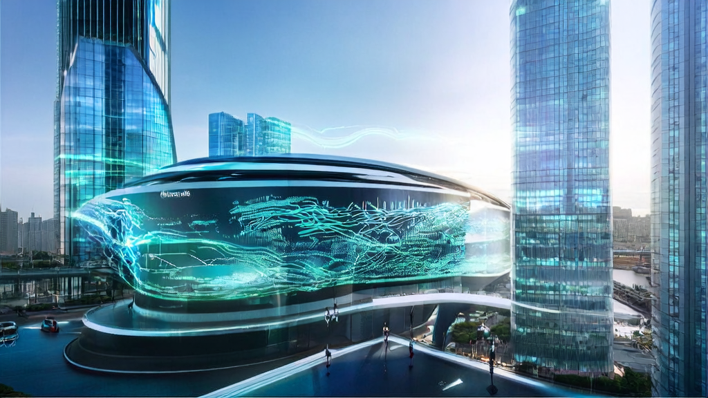 未来城市中的AI驱动独立站办公室，展示高科技环境和繁忙的工作场景