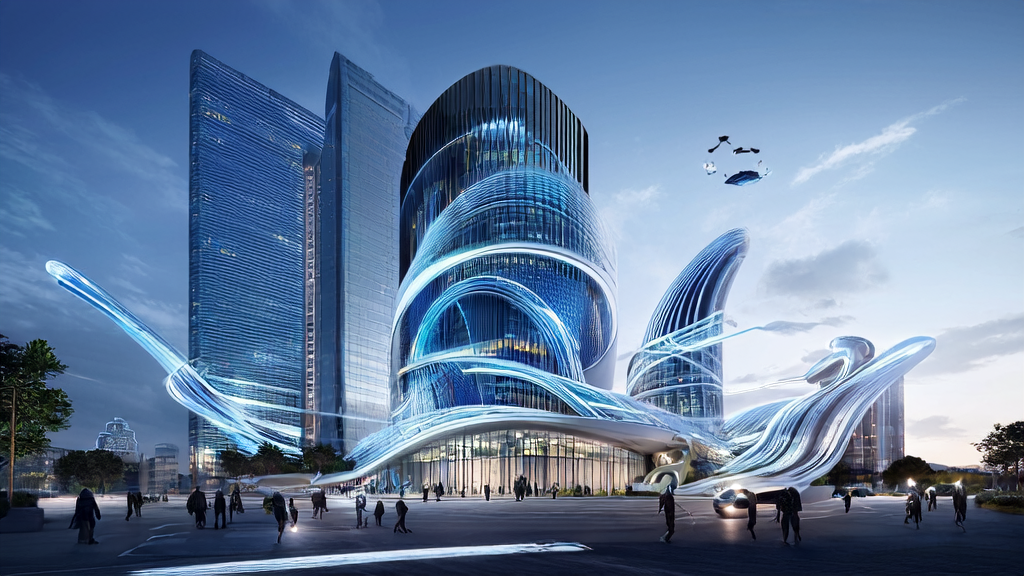 Modern independent station office building in a futuristic tech city, filled with high-tech elements