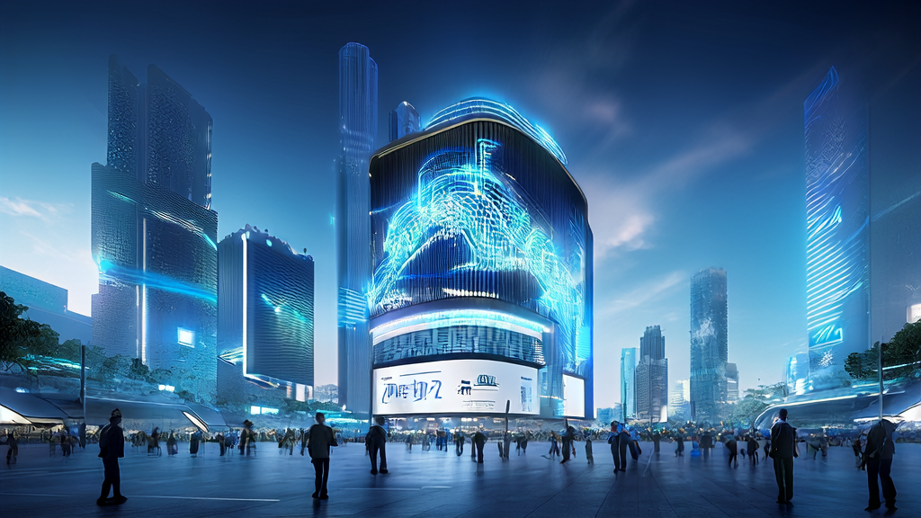 A futuristic city scene showcasing AI-driven content marketing with intelligent robots and data screens