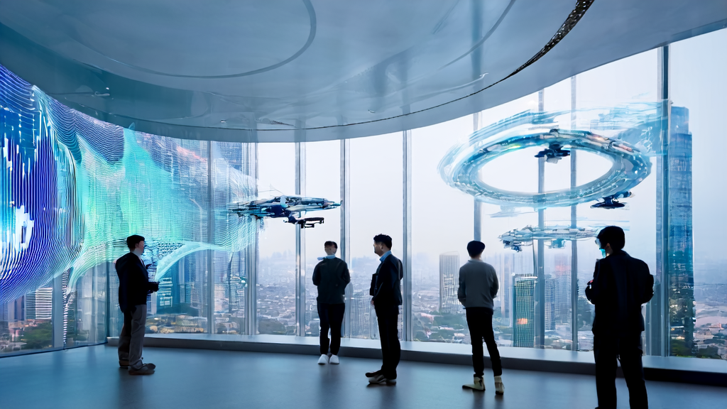 未来城市中的一群创业者正在讨论AI驱动的跨境电商营销策略