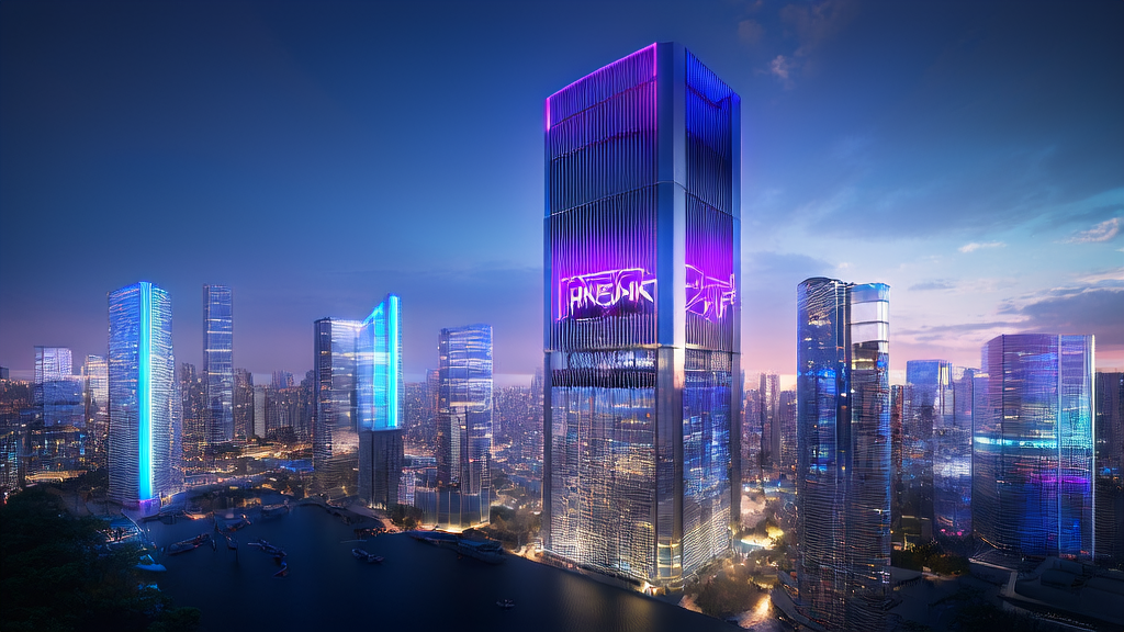 AI-driven independent station office building in a futuristic city, showcasing the integration of high-tech and smart logistics