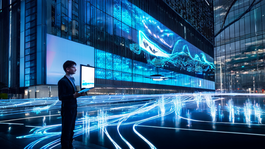 High-tech skyscrapers in a future city with AI-driven independent store traffic growth