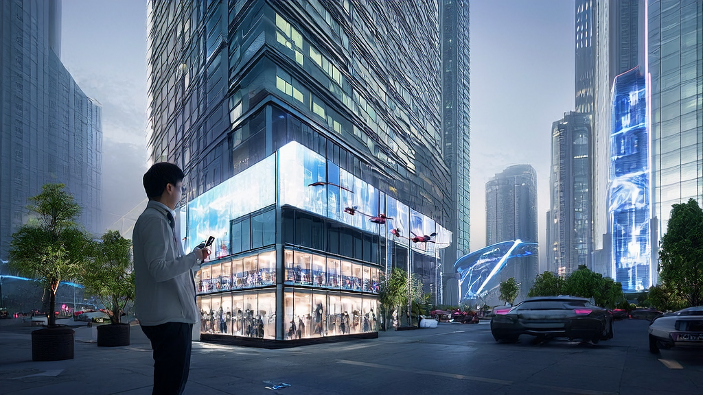 A future city with smart transportation and an e-commerce store, showcasing AI technology applications