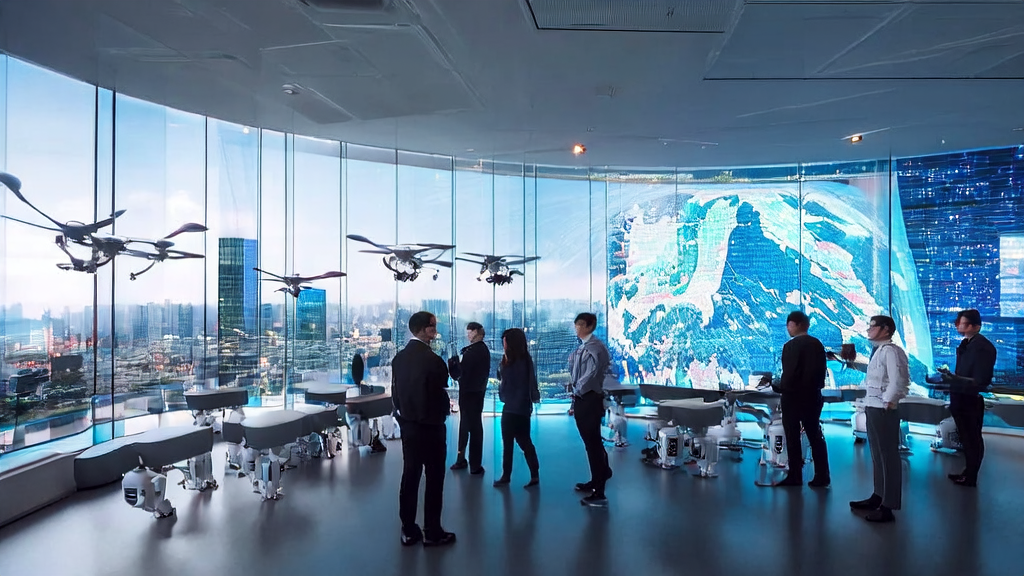 A modern office in a futuristic city showcasing the application of AI in cross-border e-commerce in 2025