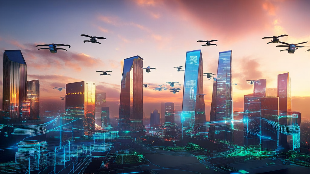 未来城市的跨境电商AI策略：科技人员分析数据，无人机运送包裹，象征AI技术引领新时代