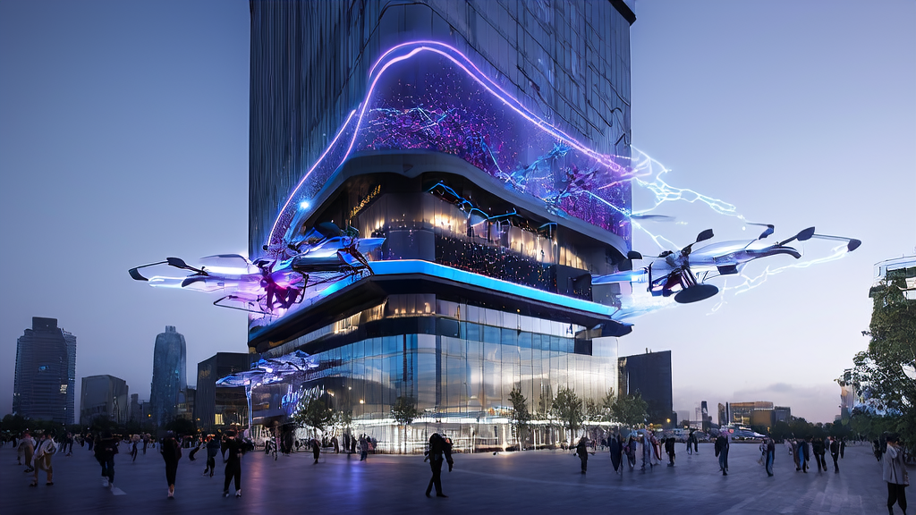 A business scene in a futuristic city showcasing the application of AI email automation tools