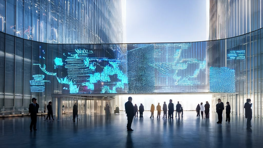 未来城市中的现代化办公大楼展示多语言AI邮件生成技术,象征全球化市场连接与沟通