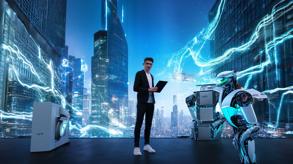 A futuristic city scene showcasing AI email marketing with NVIDIA's Llama-Nemotron-Nano-VL-8B-V1 model, highlighting the process of generating personalized email templates.