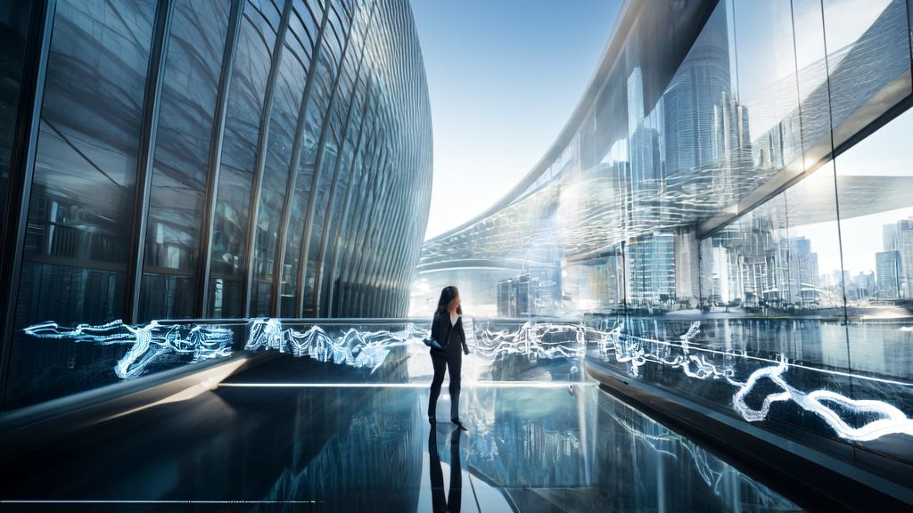 A futuristic city scene showcasing AI email marketing with personalized templates and virtual customer groups