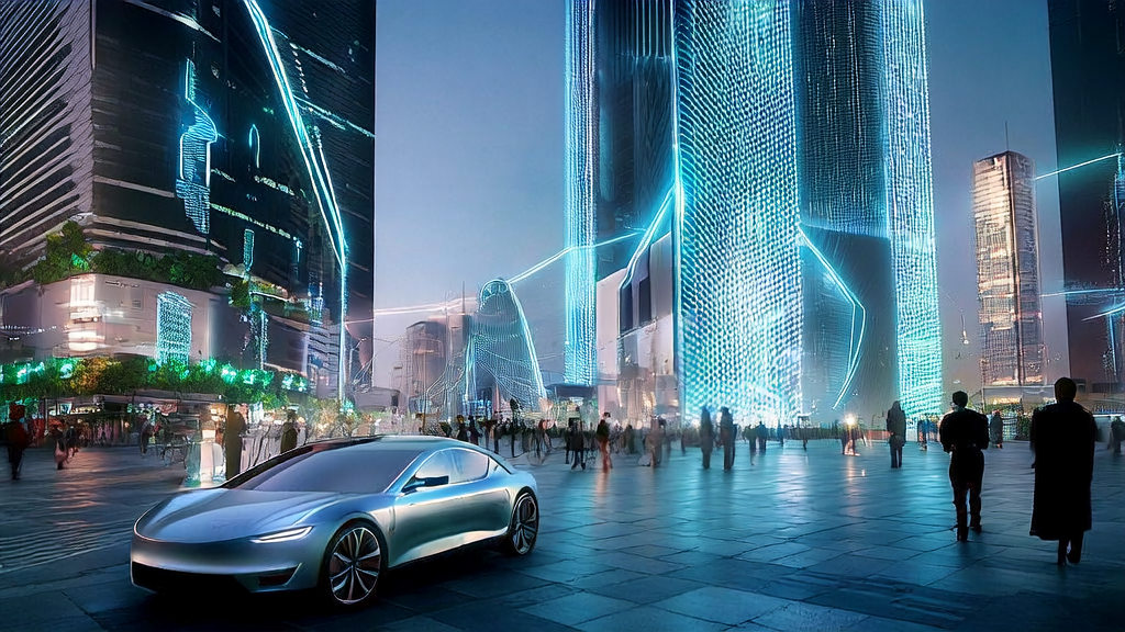 A futuristic city scene showcasing AI email marketing, blending high-tech elements with a bustling urban environment