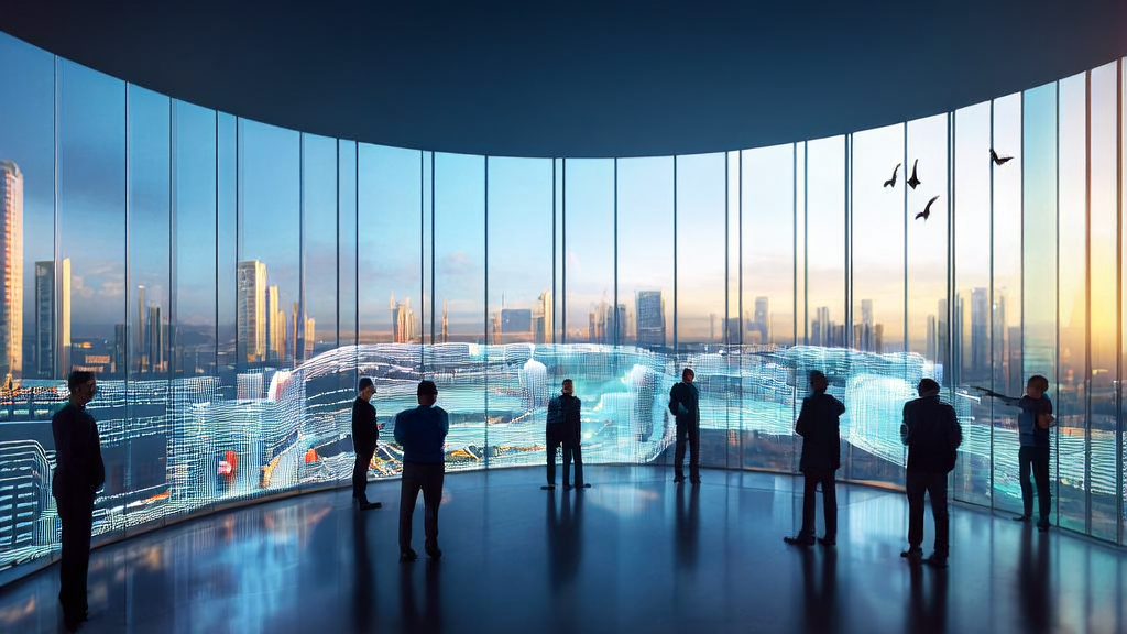 未来城市中的AI邮件营销场景,展示了现代化办公室内的数据科学家和技术专家正在分析邮件营销数据,窗外是美丽的城市天际线。