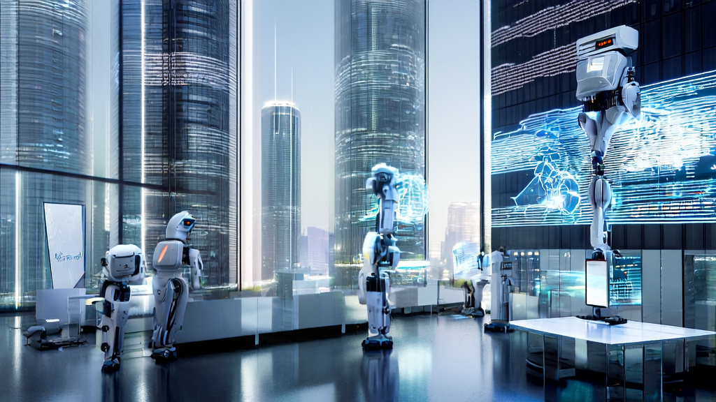 In a modern office building in a futuristic city, intelligent robots are processing personalized emails with vivid 3D images generated by Meta's open-source SAM 3D model