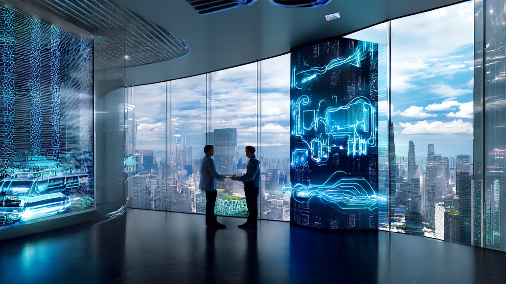 In a futuristic office setting, a cross-border e-commerce operator is optimizing email marketing strategies using AI tools.