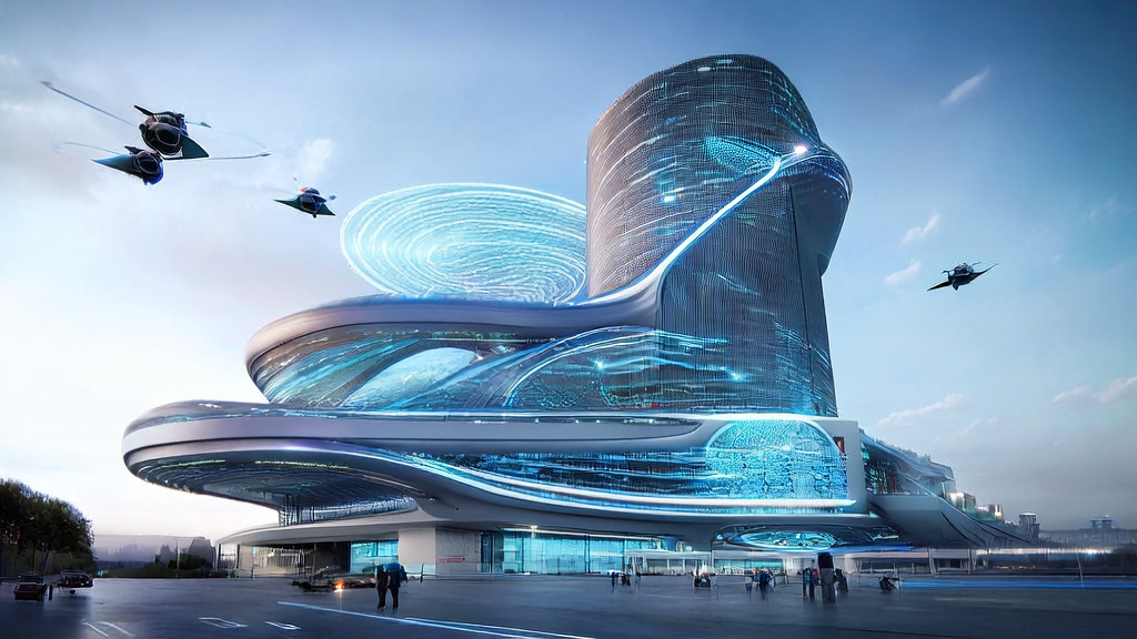未来城市中的全球AI聚合网关，展示了2025年跨境电商的创新实践和AI技术的应用