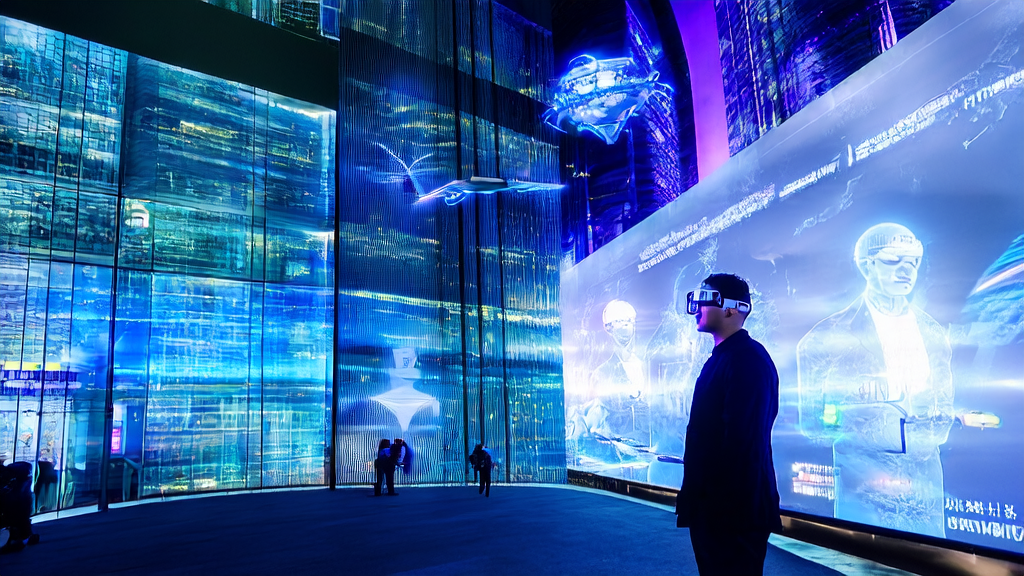An export employee wearing Samsung AI glasses for cross-language communication in a futuristic city