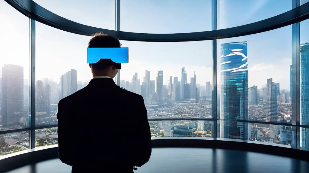 In a modern office building in a future city, an executive conducts a video conference with international clients using the Quark AI glasses.