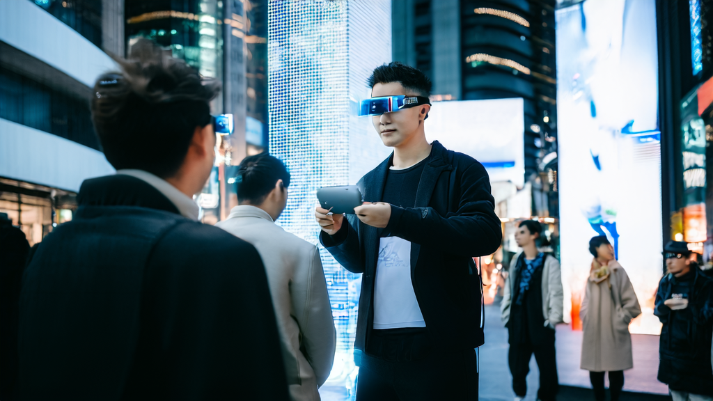 未来城市中，年轻人佩戴小米AI眼镜通过“看一眼支付”功能完成购物
