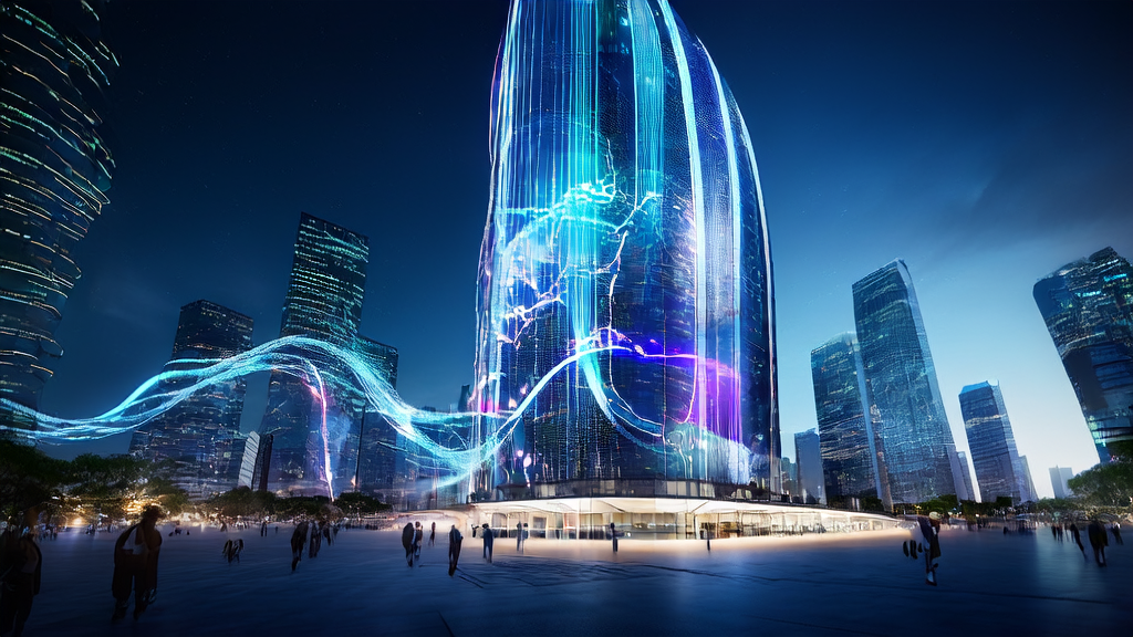 The virtual headquarters of a cross-border e-commerce independent site in a future city, with data streams and keyword cloud maps covering the exterior walls, and a large AI assistant robot at the entrance.