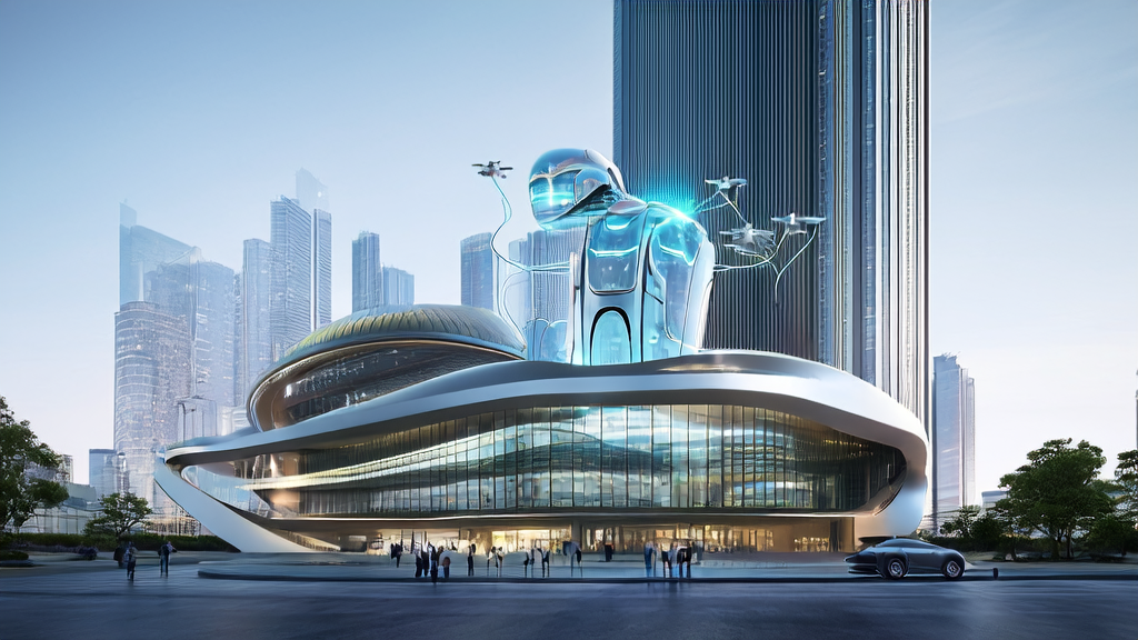 未来城市的现代化独立站办公楼，工作人员正在使用AI工具进行关键词优化和数据分析。