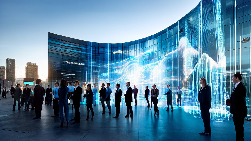 未来城市中的商务人士正在讨论最新的AI技术成果，展示了2025年跨境电商行业的蓬勃发展。