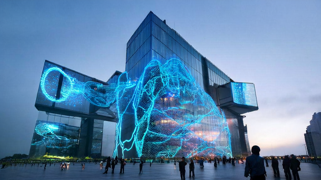 A futuristic city's tech company building showcasing the rise of Amazon's AI organization and Volcengine's large models