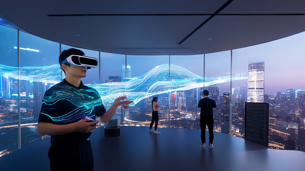 An independent site entrepreneur in a futuristic city using AI technology to optimize keyword settings and boost website traffic