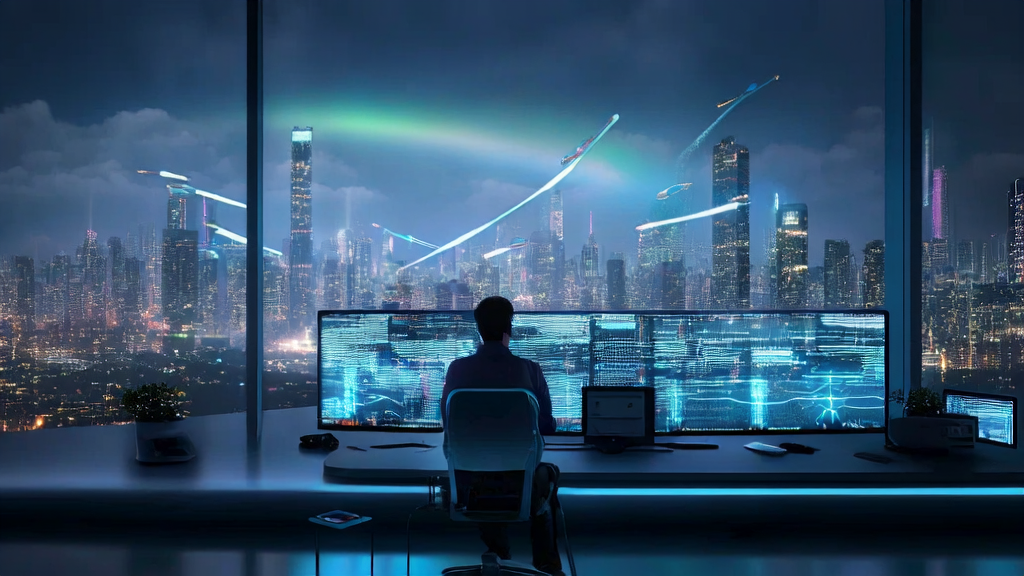 未来城市的夜晚，开发者使用Kimi CLI进行AI关键词优化