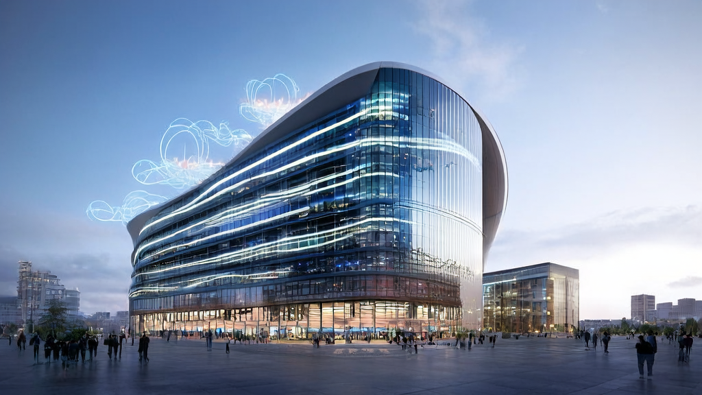 未来城市的现代化独立站办公楼,展示AI关键词优化技术和IBM的转型