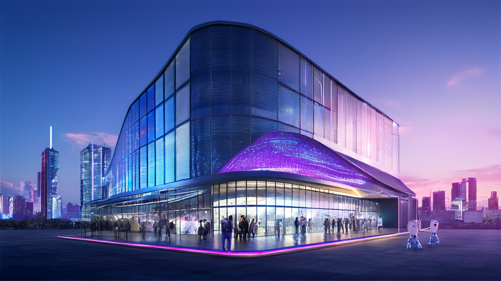 未来城市的独立站办公楼内,智能机器人和人类员工正在通过AI关键词优化提升流量,窗外高楼林立,展现出科技与未来的交融。