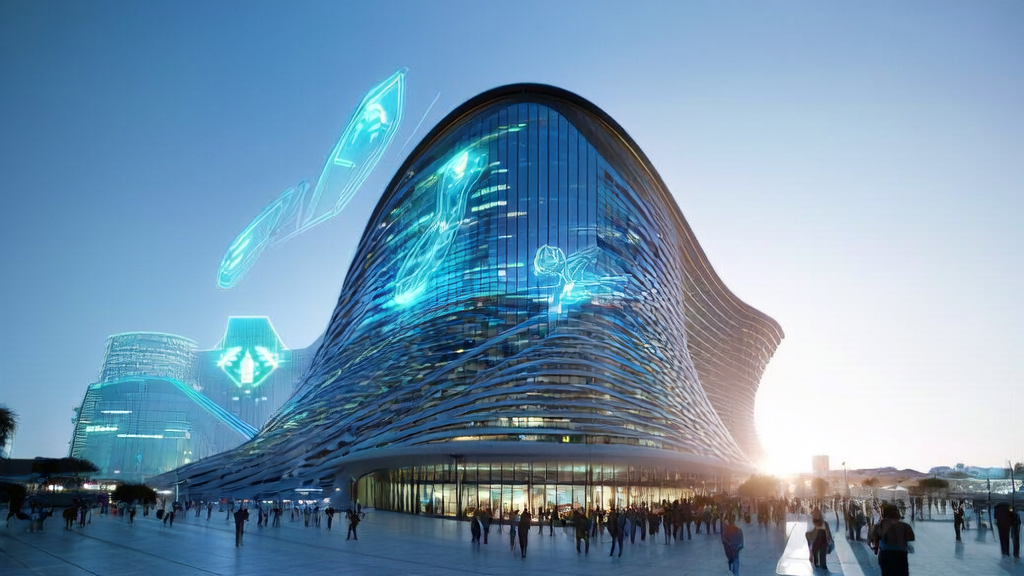 未来城市的办公大楼前，人们在现代化广场上忙碌地走动，楼顶上的AI标志和广场中央的触摸屏展示了最新的AI关键词优化数据。