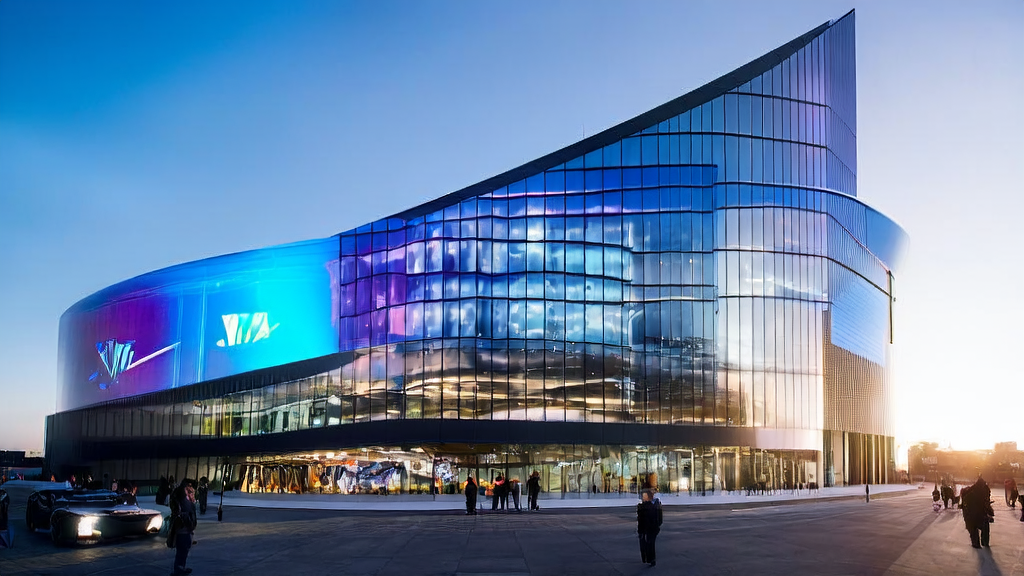 A modern independent station office building in a future city where staff use AI for keyword optimization, with Google Gemini 3 launch information displayed on a large screen outside the building.